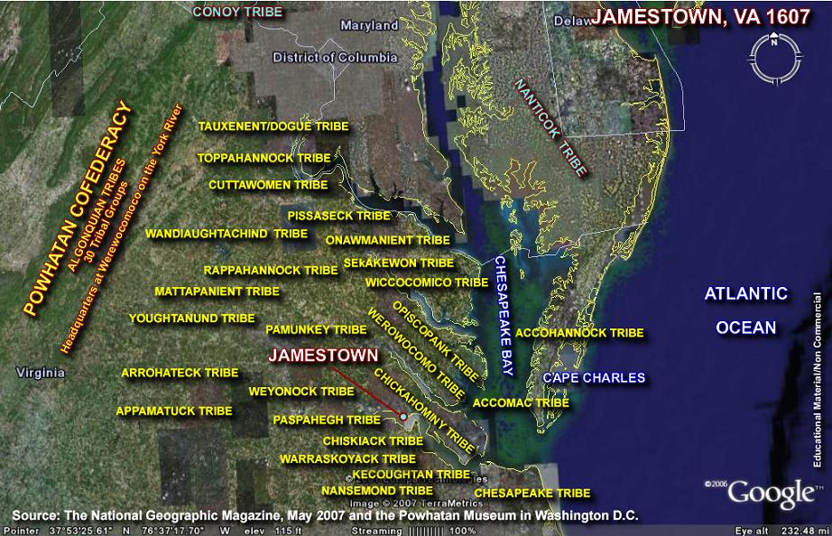Chesapeake Bay Map 1607 on the left. 1670 on the right. Jamestown, VA